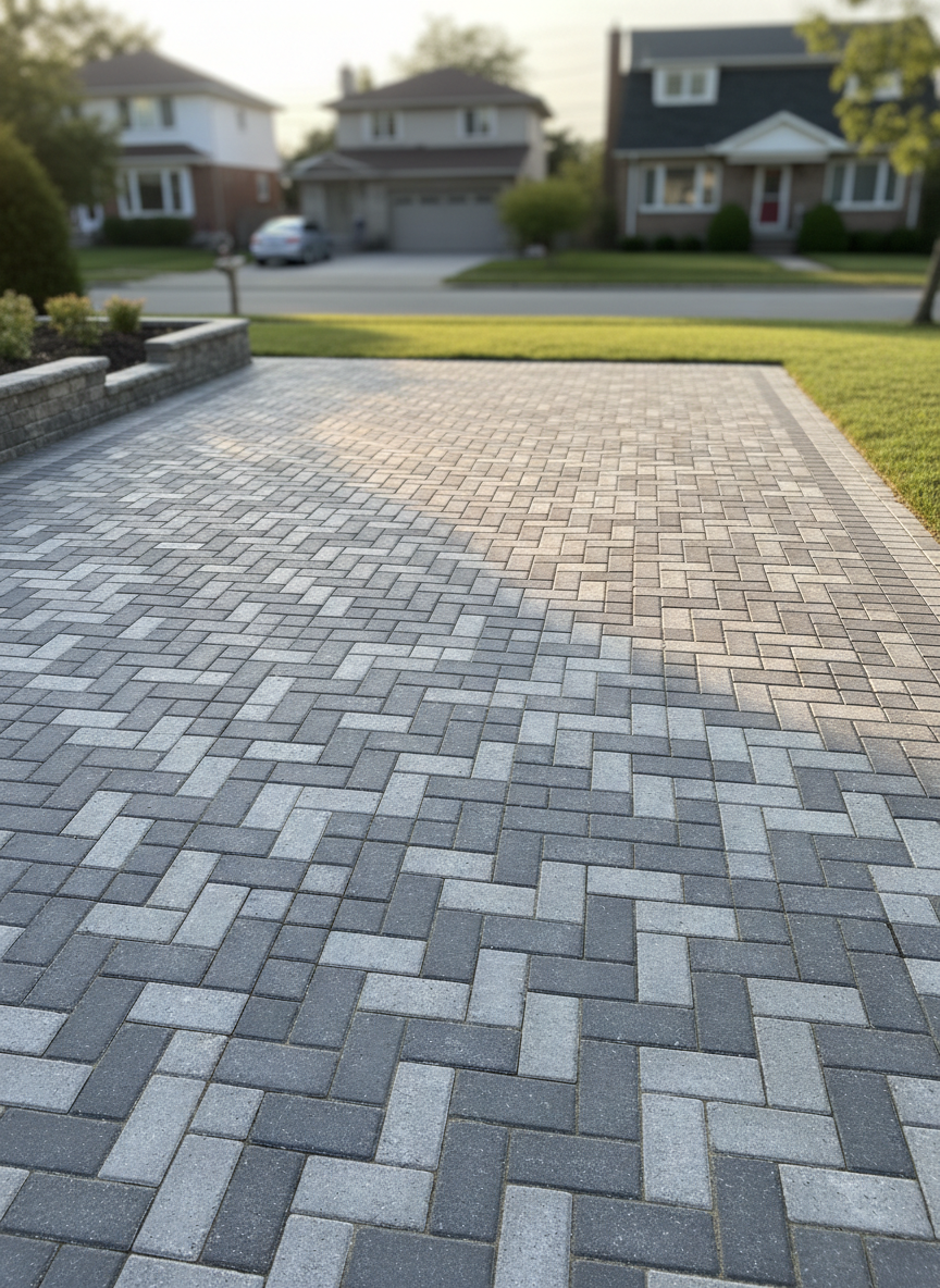 A freshly completed interlock driveway in a suburban Toronto neighborhood, featuring tightly laid rectangular charcoal and light grey pavers in a modern herringbone pattern. The surface is impeccably even, with crisp, straight edging stones neatly defining the driveway from the green lawn and a low stone garden border. Soft late afternoon natural light washes across the stones, revealing subtle texture and clean joint lines, with gentle shadows adding depth. Captured at eye level from the street, in photographic realism, with sharp focus throughout to emphasize craftsmanship and durability. The mood is professional and dependable, presenting a clean, finished look ideal for a construction and landscaping services homepage hero image, with a shallow bokeh on distant houses to keep the driveway as the clear focal point.
