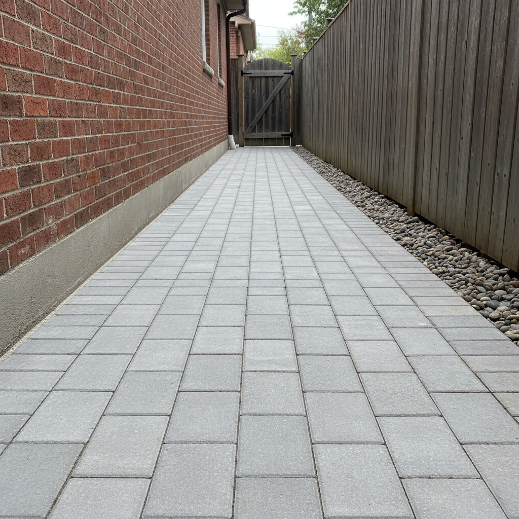 A narrow Toronto side yard transformed into a functional interlock walkway and utility space, with slim, rectangular light grey pavers laid in a linear pattern running between a brick house wall and a wooden fence. Along one edge, a slim strip of river stones provides drainage, contained by a crisp stone edge. The paver surface is perfectly flat and clean, with subtle texture visible on each unit. Soft, diffused overcast lighting ensures minimal glare, allowing textures and straight lines to stand out. Shot from one end of the walkway at eye level in photographic realism, the view leads the eye toward a small backyard gate in the distance. The mood is efficient and organized, emphasizing smart use of tight spaces through professional interlock installation.